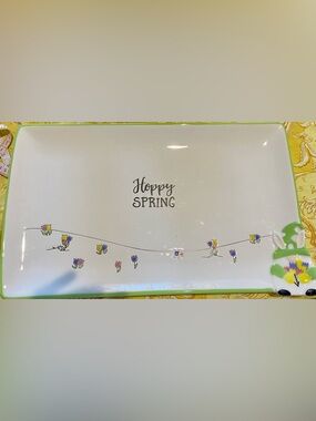 Tag “Hoppy Spring” Platter/Tray. White Shiny Ceramic W/Grey writing,Green Border